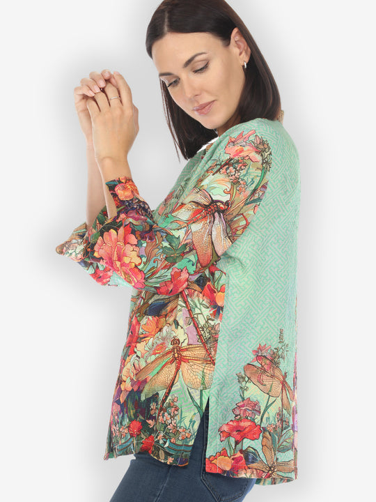 Colorful Dragonfly Floral Silk Blouse
