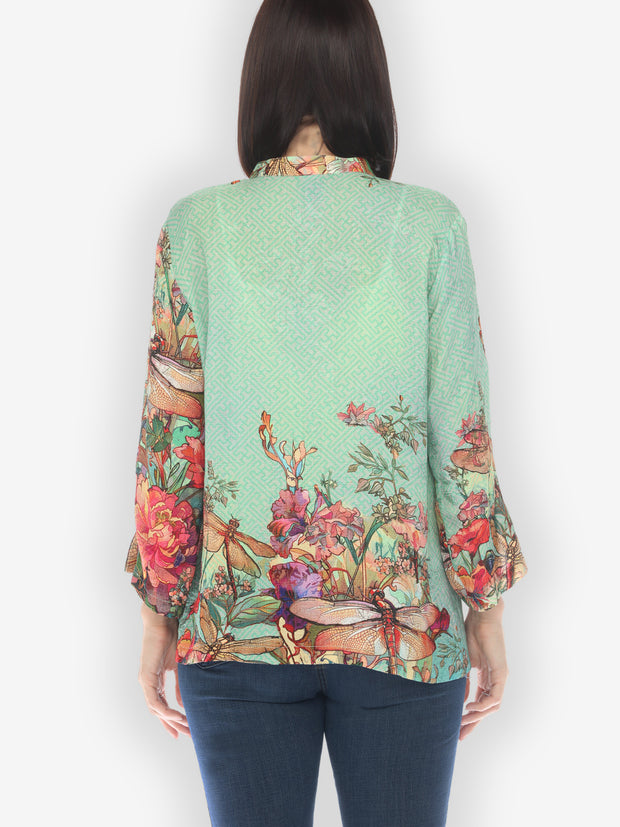 Colorful Dragonfly Floral Silk Blend Blouse