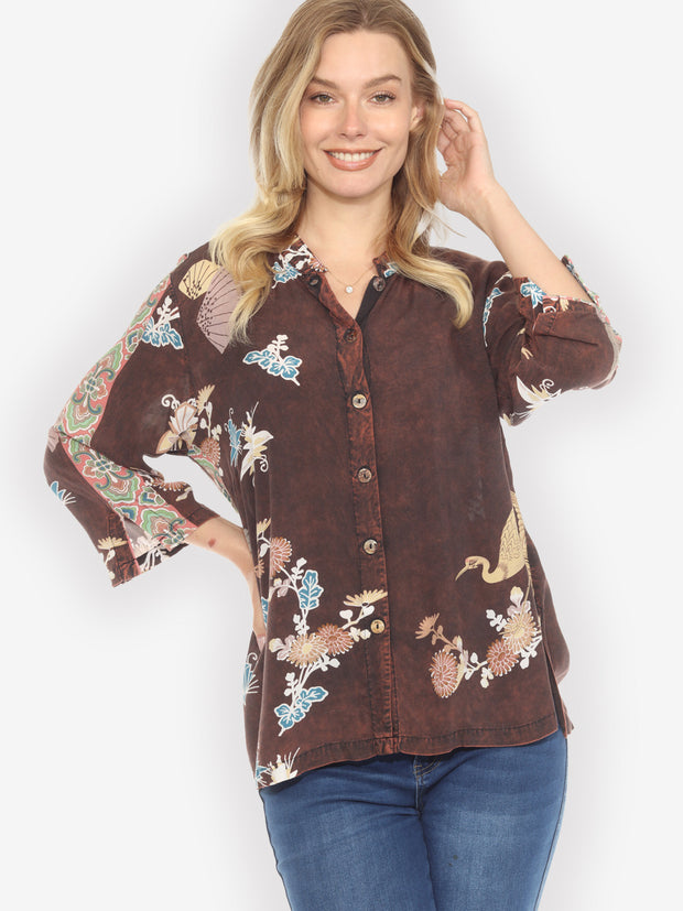 Crane Flowers Border Hand Dyed Blouse - L