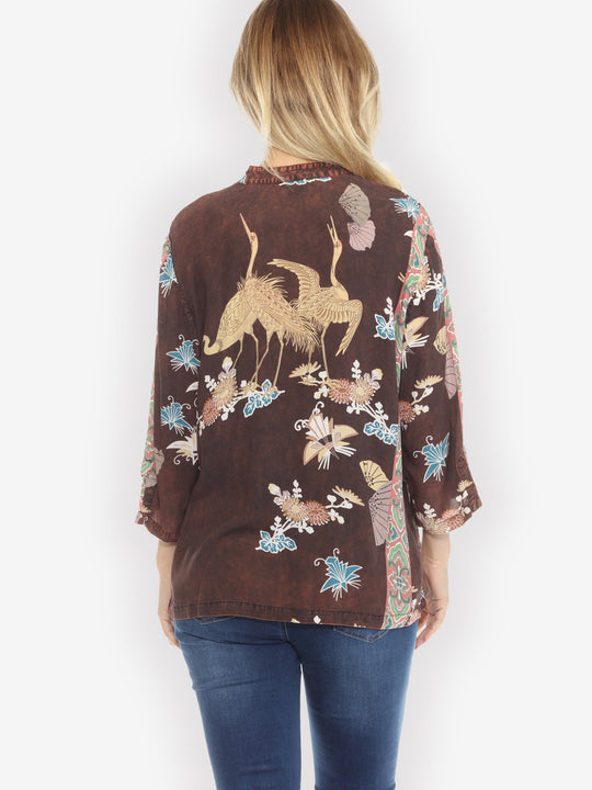 Crane Flowers Border Hand Dyed - Type A  Blouse - L