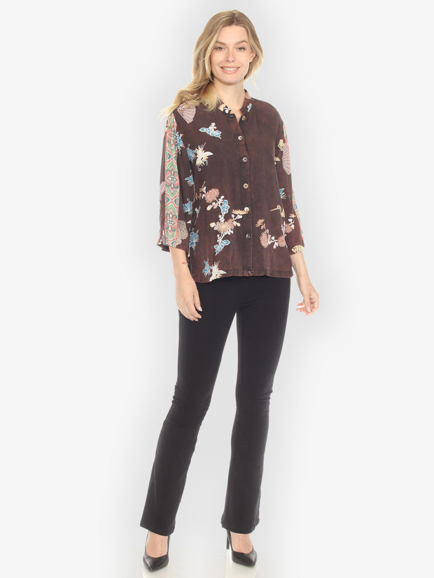 Crane Flowers Border Hand Dyed -Type B Blouse - L