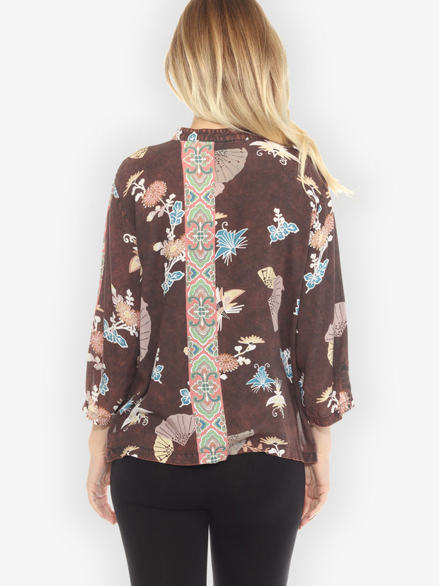 Crane Flowers Border Hand Dyed -Type B Blouse - L