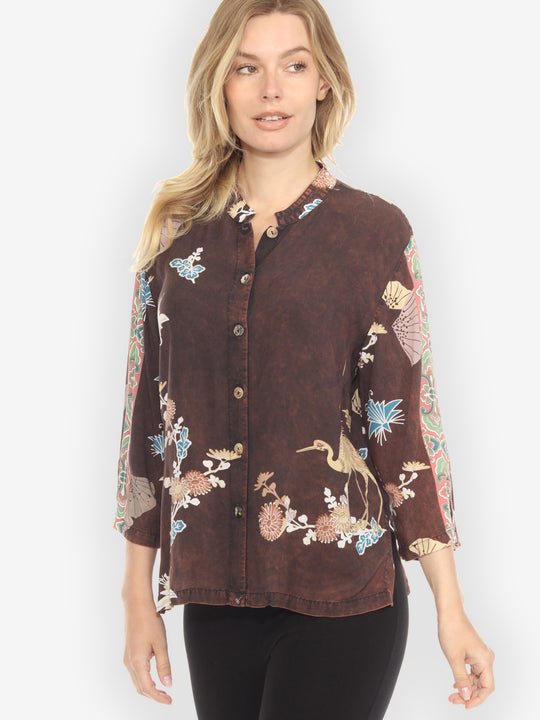 Crane Flowers Border Hand Dyed -Type B Blouse - L