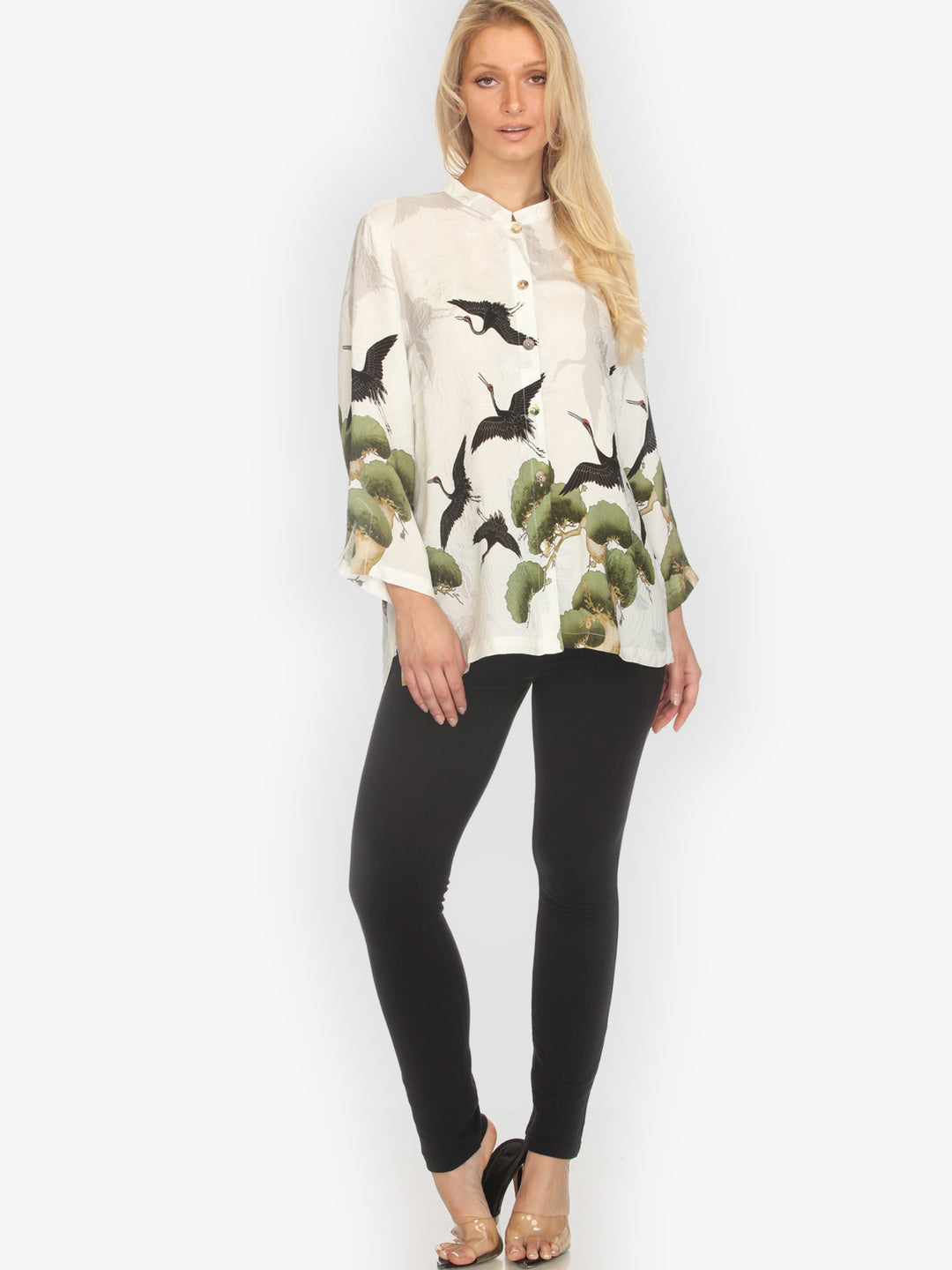 Crane Over Forest in White Silk Blouse