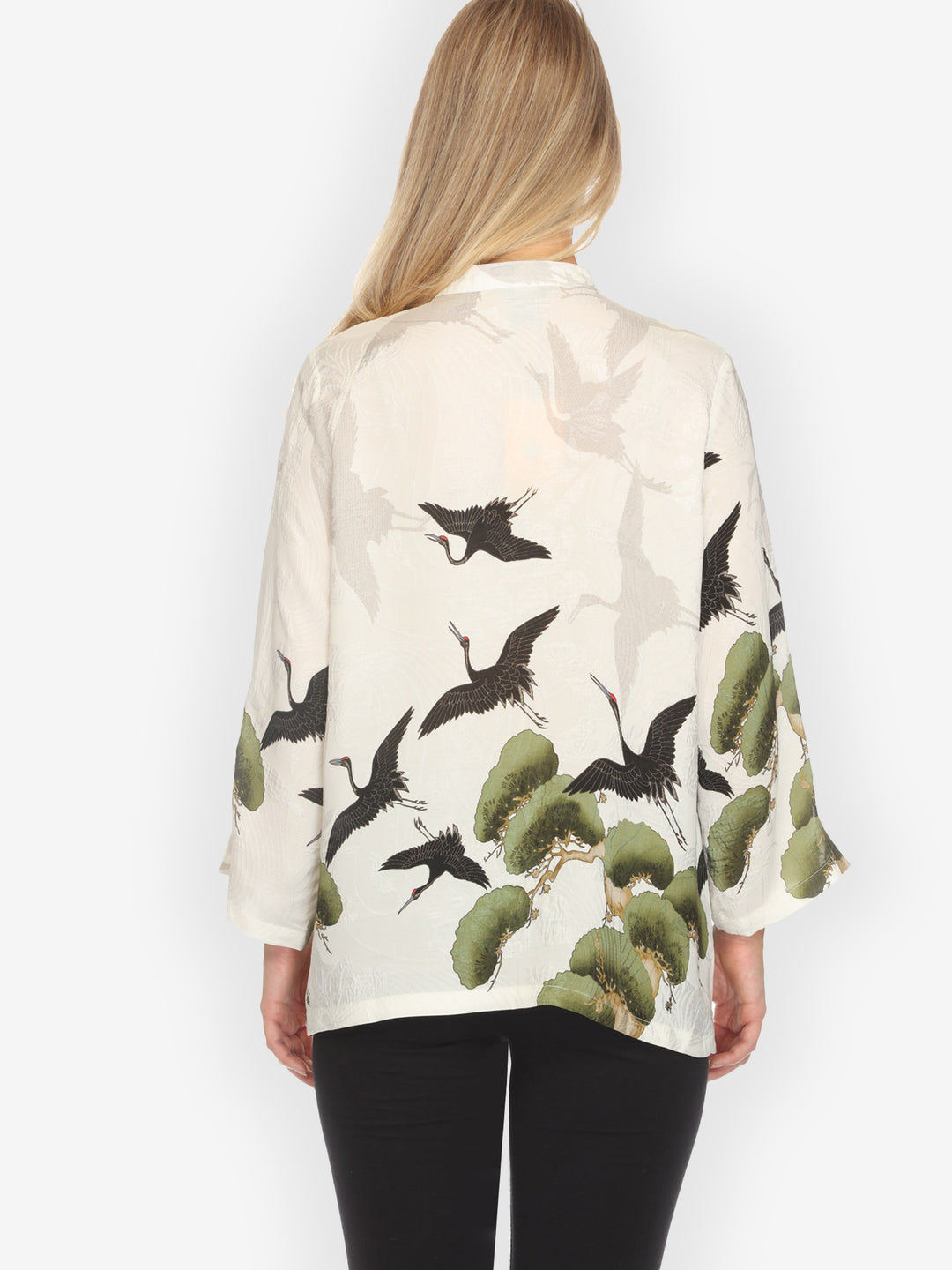 Crane Over Forest in White Silk Blouse