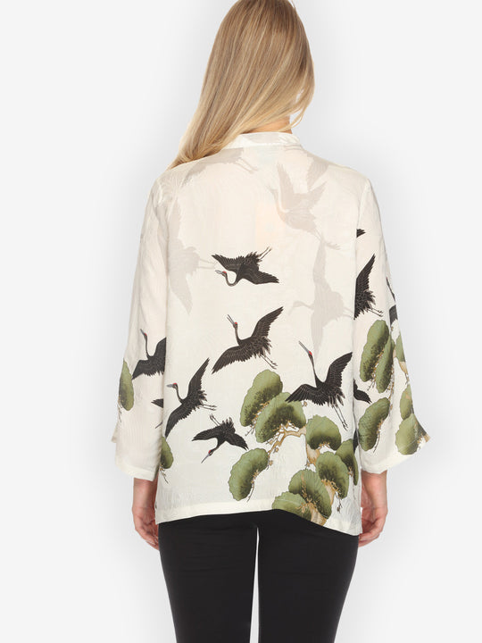 Crane Over Forest in White Silk Blouse