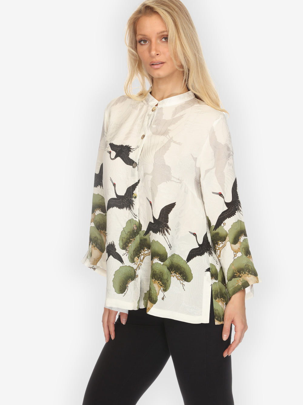 Crane Over Forest in White Silk Blouse