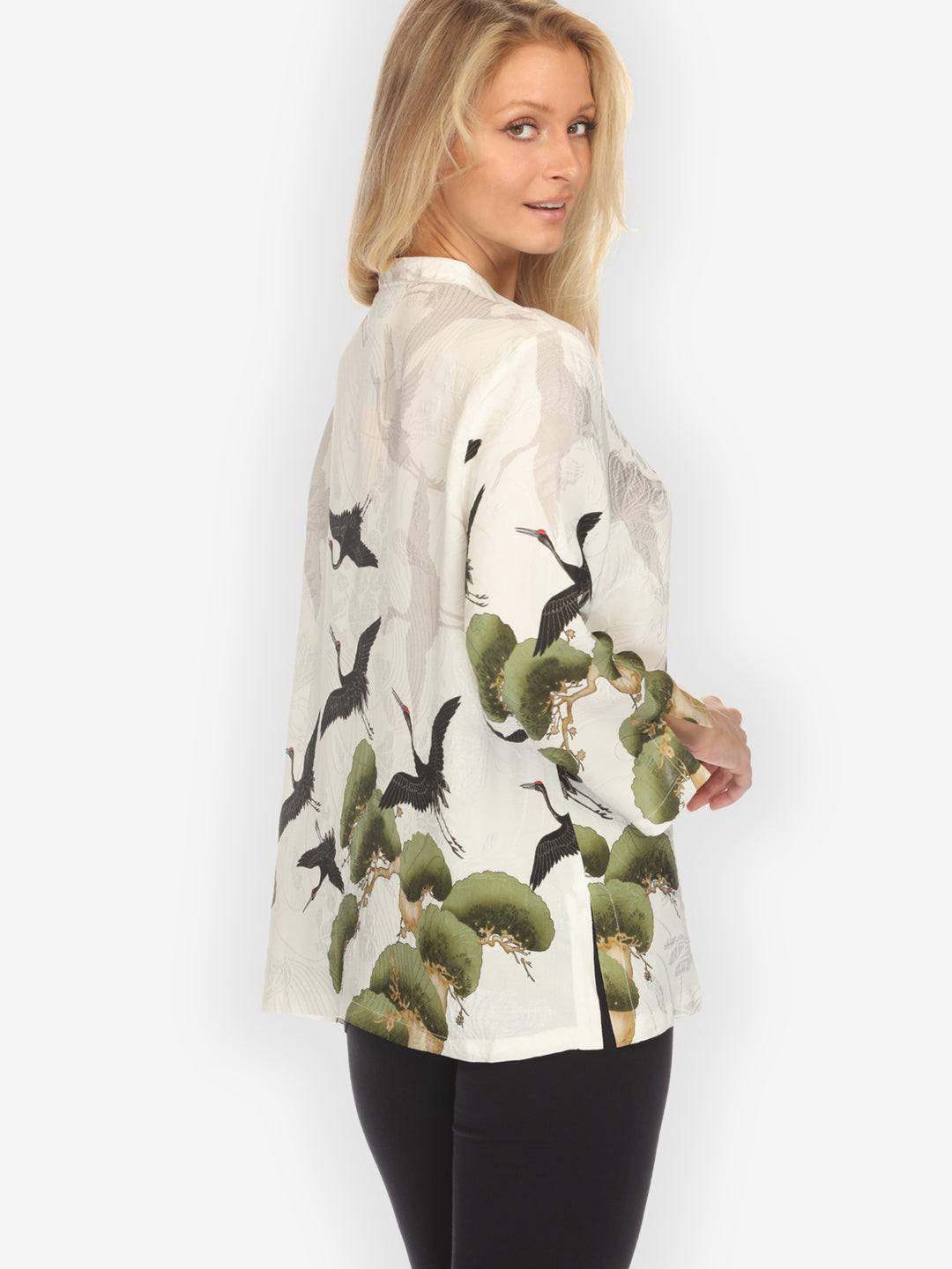 Crane Over Forest in White Silk Blouse