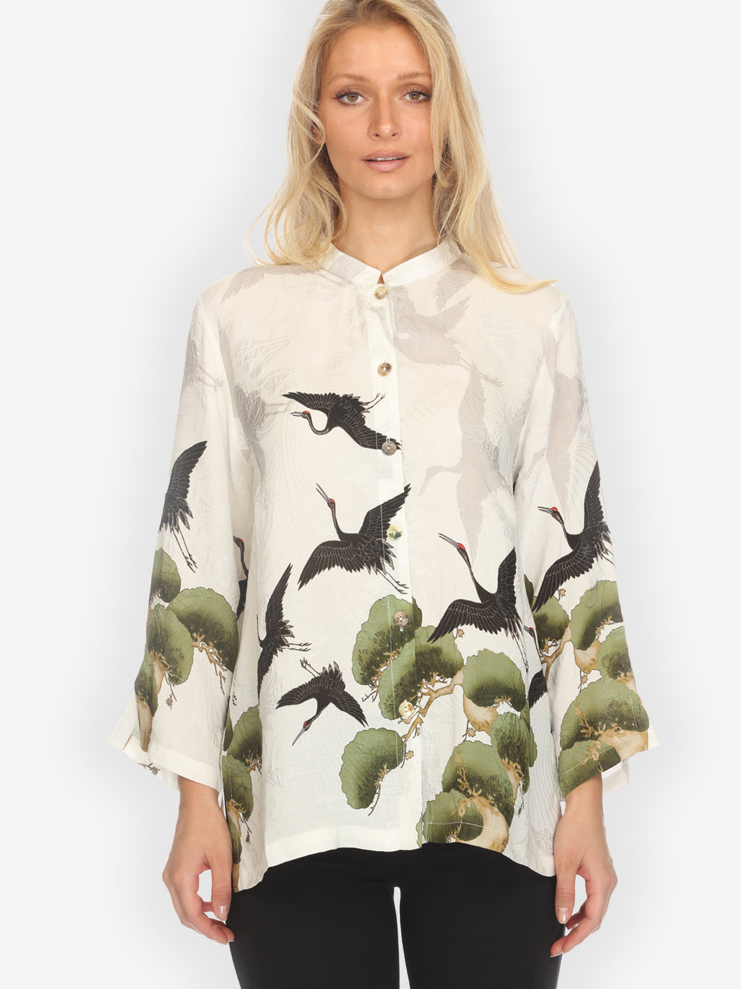 Crane Over Forest in White Silk Blouse