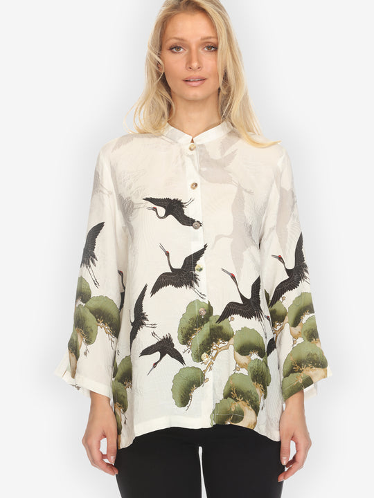 Crane Over Forest in White Silk Blouse