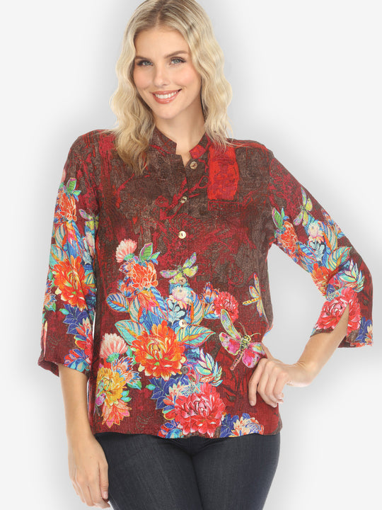 Dragonfly and Chrysanthemum Silk Blouse