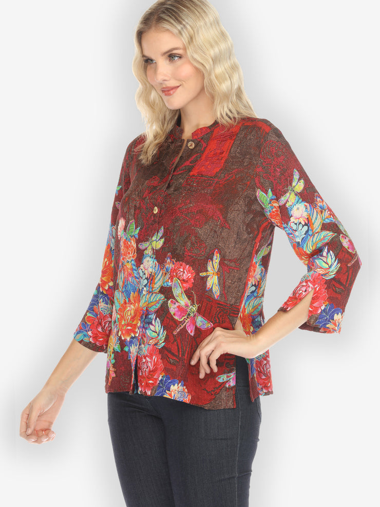 Dragonfly and Chrysanthemum Silk Blend Blouse