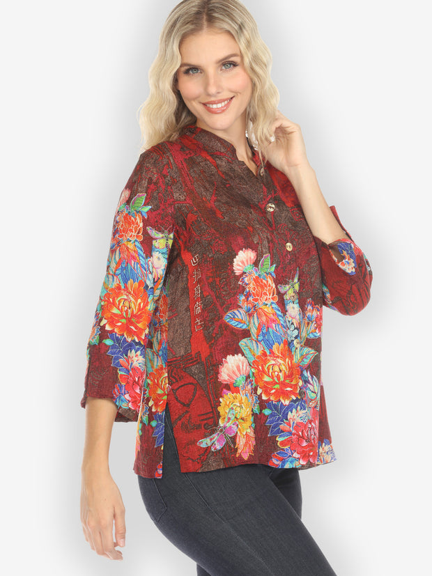 Dragonfly and Chrysanthemum Silk Blend Blouse