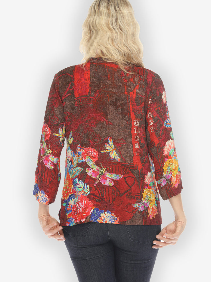 Dragonfly and Chrysanthemum Silk Blend Blouse