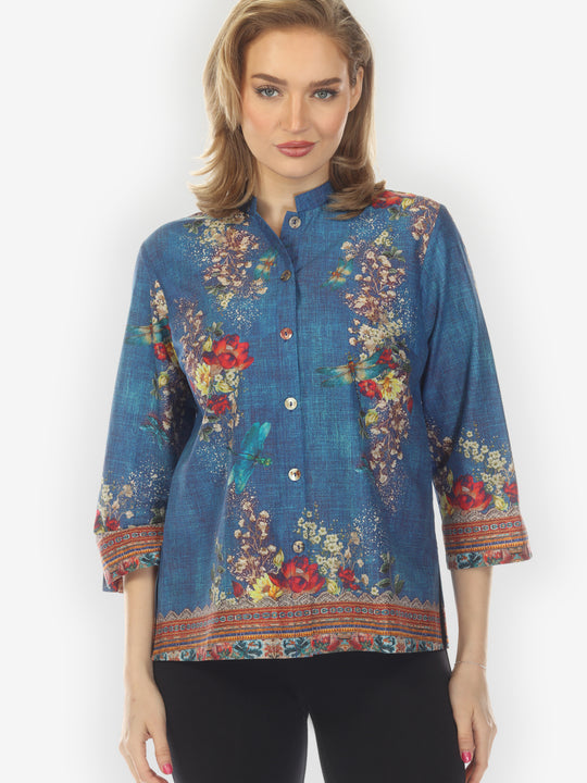 Dragonfly and Waterlilies Blouse in Blue