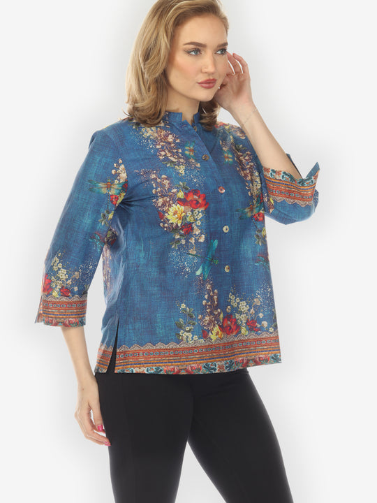 Dragonfly and Waterlilies Blouse in Blue
