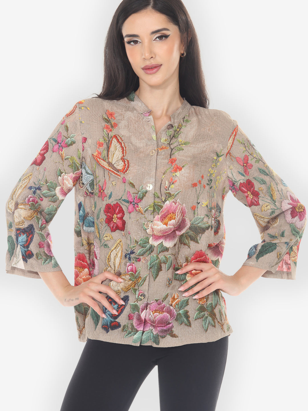 Embroidery Butterfly and Flower Silk Blouse
