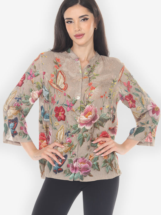 Embroidery Butterfly and Flower Silk Blouse
