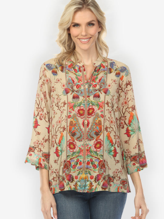 Embroidery Butterflies Blossoms in Sand Silk Blouse