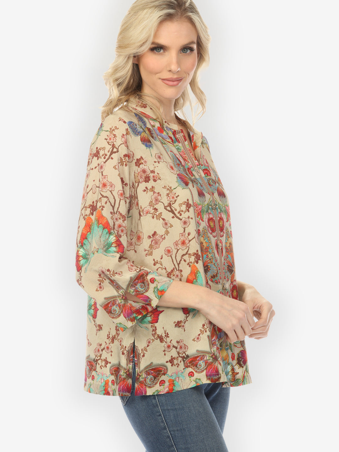 Embroidery Butterflies Blossoms in Sand Silk Blouse