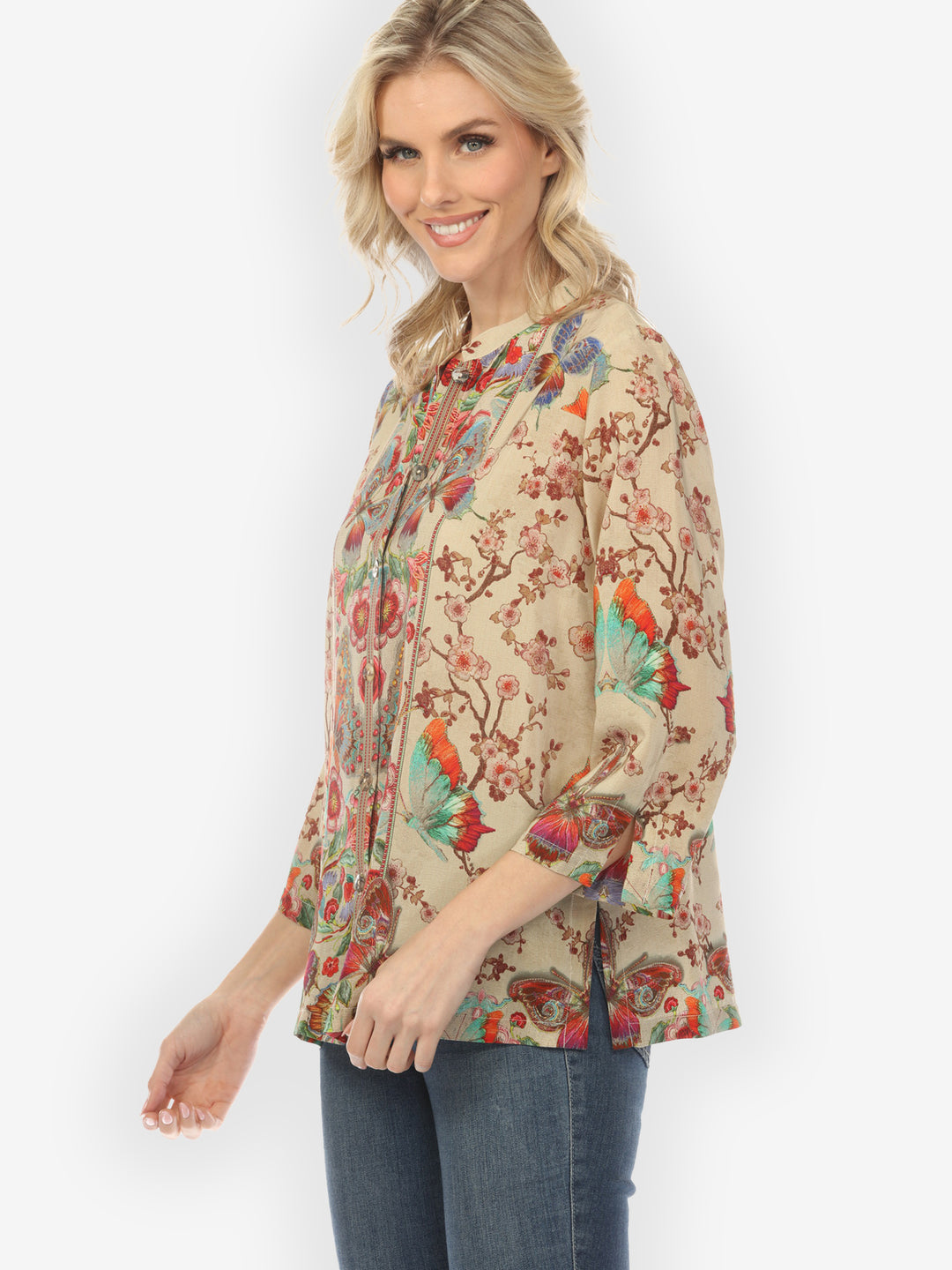 Embroidery Butterflies Blossoms in Sand Silk Blouse