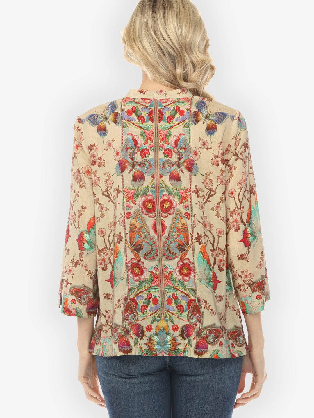 Embroidery Butterflies Blossoms in Sand Silk Blouse