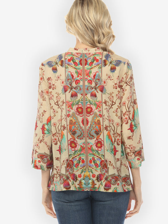 Embroidery Butterflies Blossoms in Sand Silk Blouse
