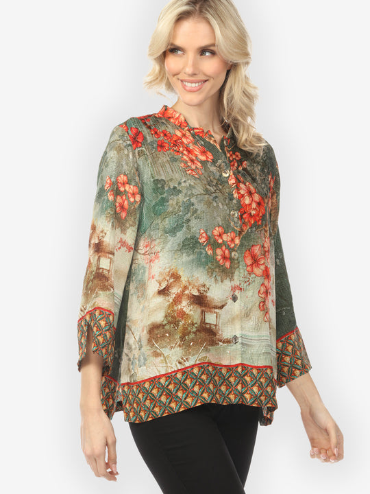 Earthy Landscape Blossom Deep Colorway Silk Blouse