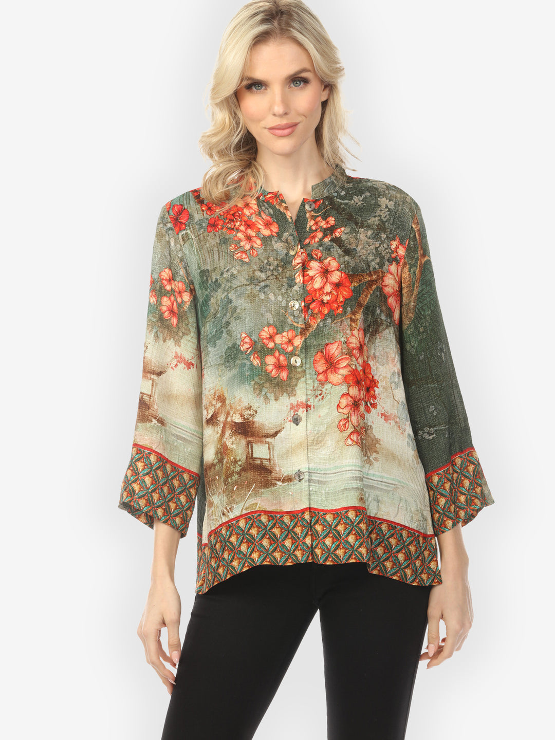 Earthy Landscape Blossom Deep Colorway Silk Blouse