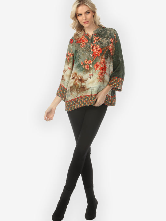 Earthy Landscape Blossom Deep Colorway Silk Blouse