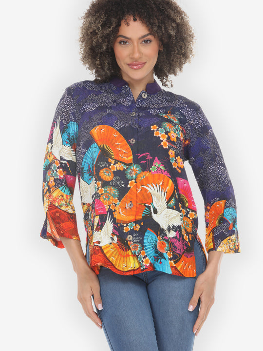 Flower Crane Fans Navy Silk Blouse