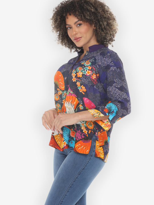 Flower Crane Fans Navy Silk Blouse