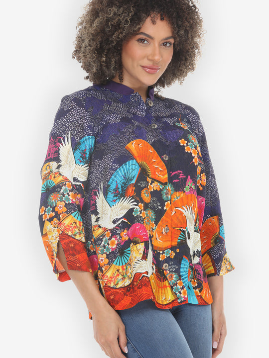 Flower Crane Fans Navy Silk Blouse