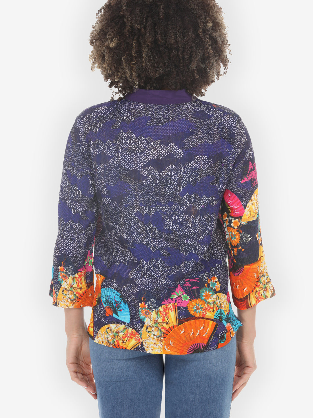 Flower Crane Fans Navy Silk Blouse