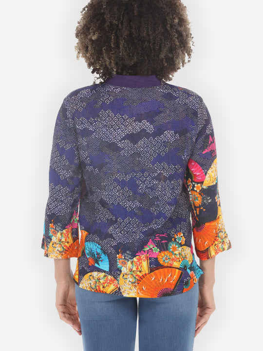 Flower Crane Fans Navy Silk Blouse