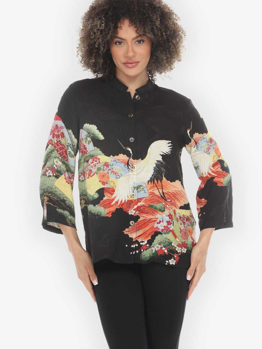 Fans Cranes Pines Silk Blouse
