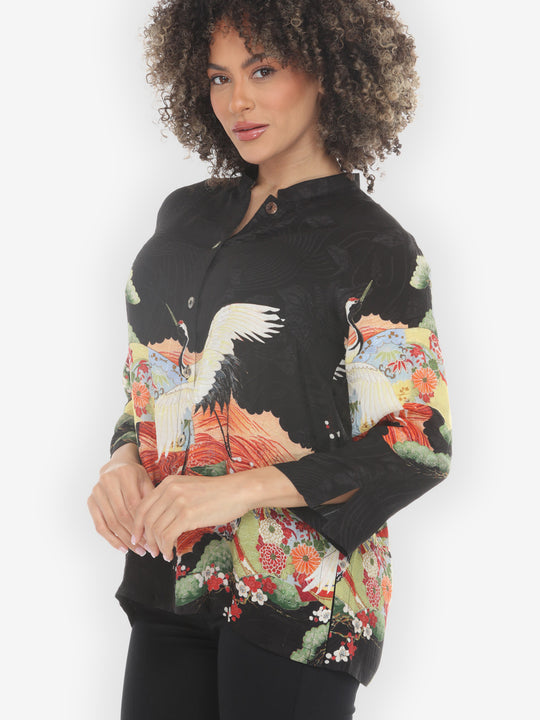 Fans Cranes Pines Silk Blouse