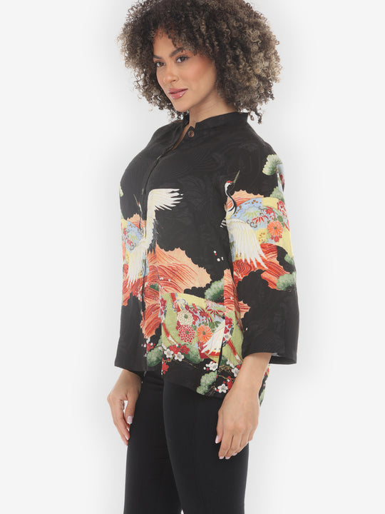 Fans Cranes Pines Silk Blouse