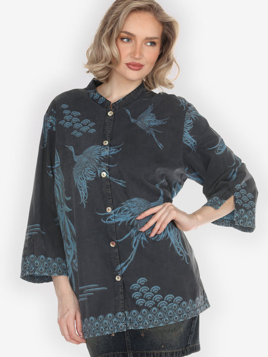 Flow Crane Silk Cotton Blue Hand Dyed Blouse - 2X