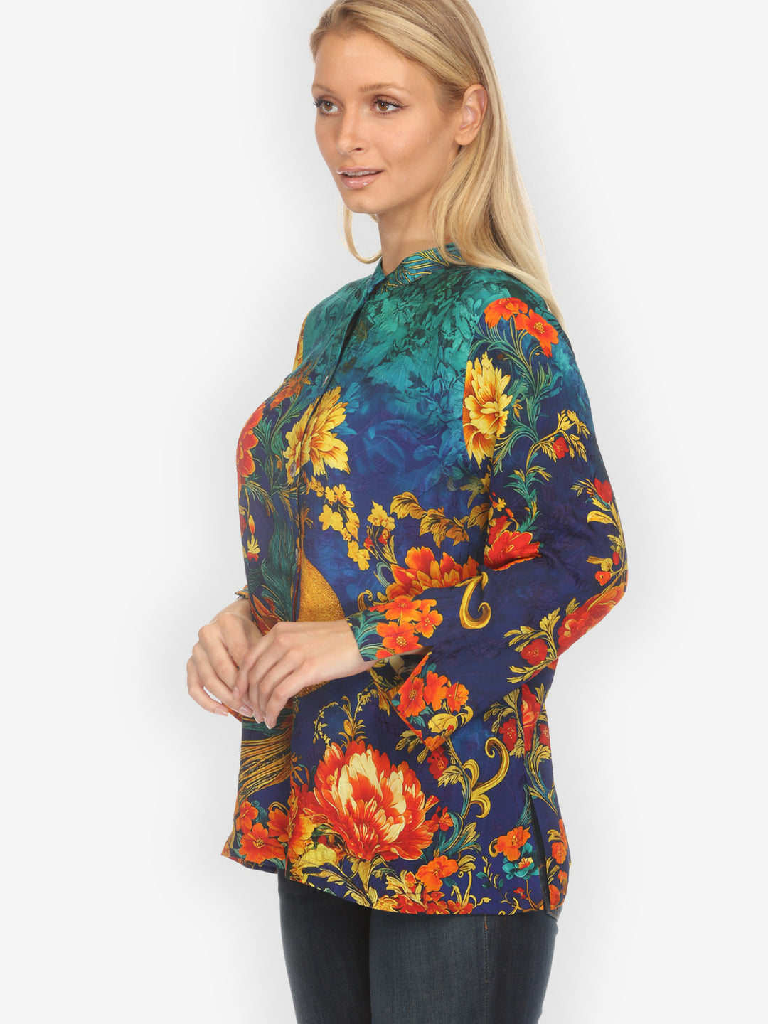 Flower Land in Turquoise Silk Blouse