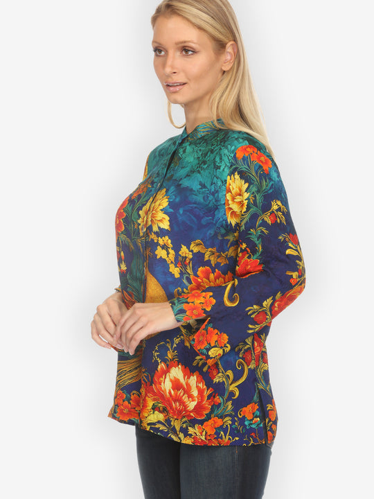Flower Land in Turquoise Silk Blouse
