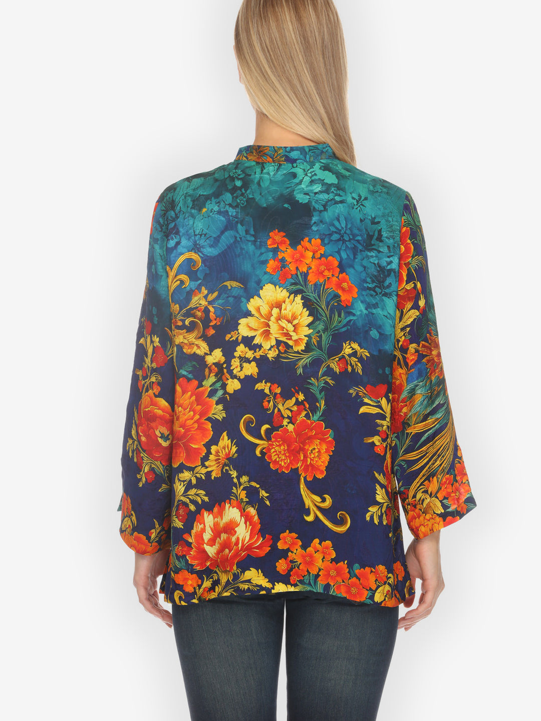 Flower Land in Turquoise Silk Blouse