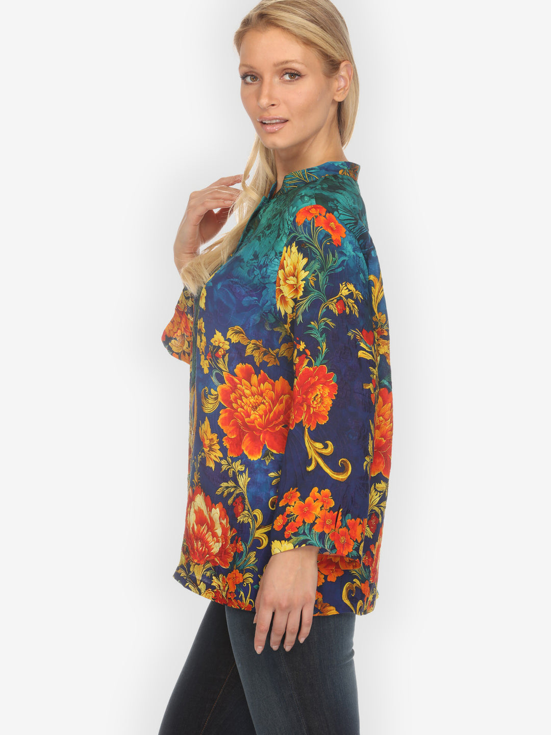 Flower Land in Turquoise Silk Blouse