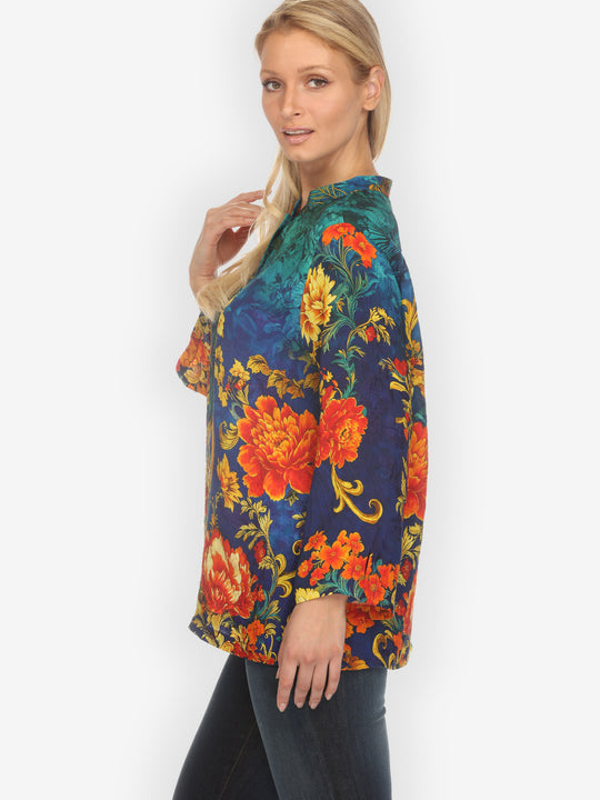 Flower Land in Turquoise Silk Blouse