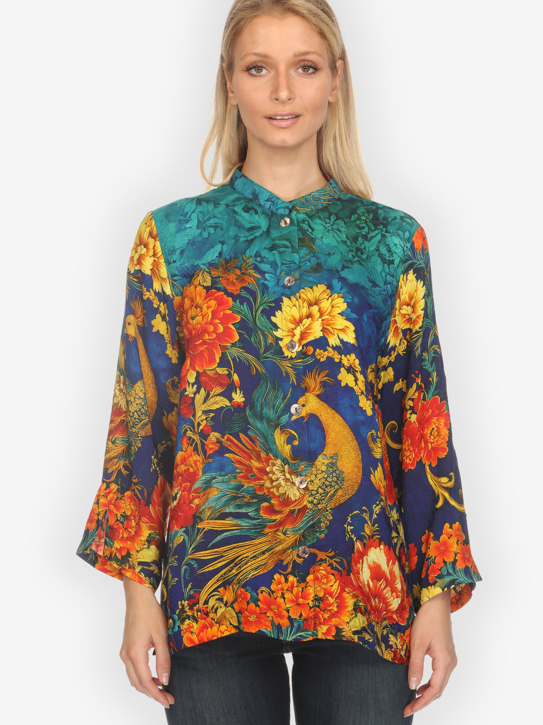 Flower Land in Turquoise Silk Blouse