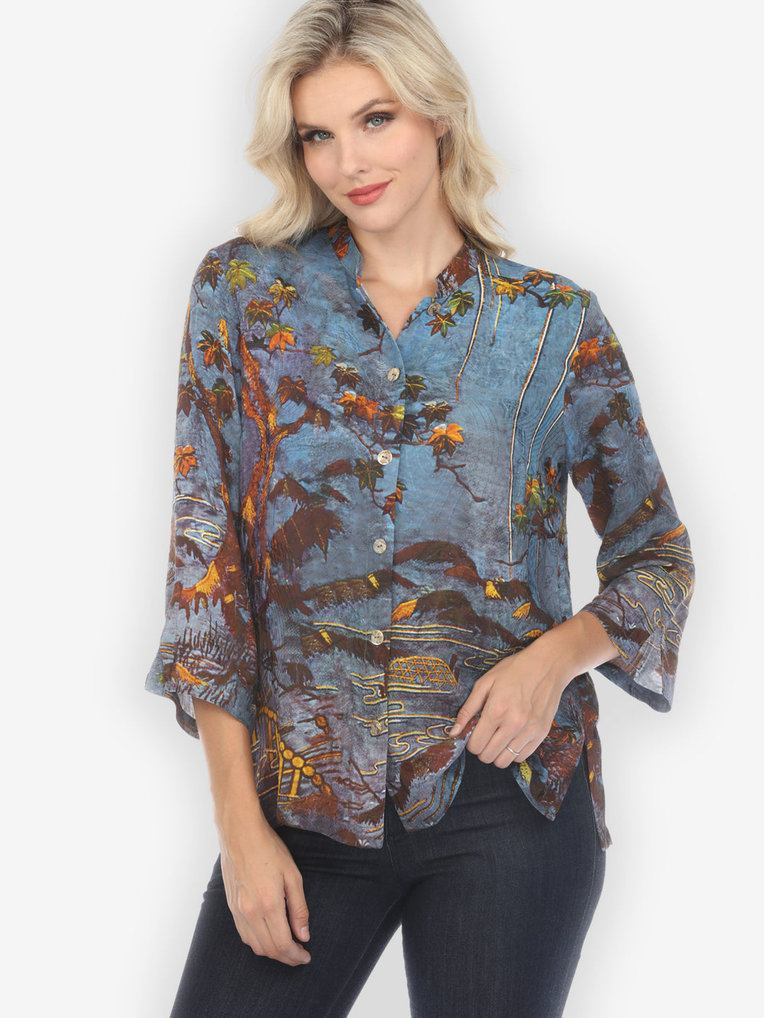 Flowers Over Water Silk Blouse