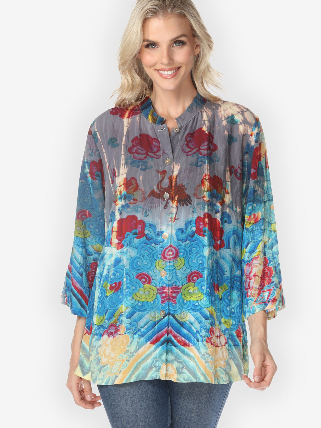 Flower Waves Gray Tie Dye Blouse  - XL