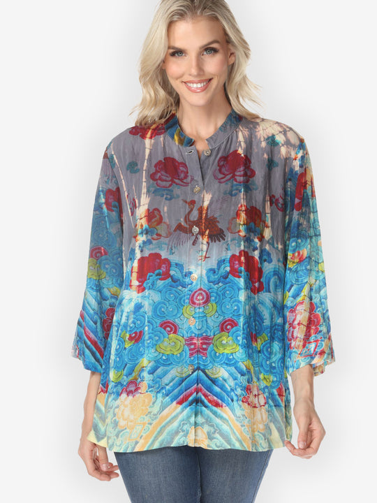 Flower Waves Gray Tie Dye Blouse  - XL