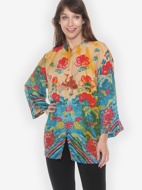 Flowers Waves Yellow Tie Dye Blouse - XL