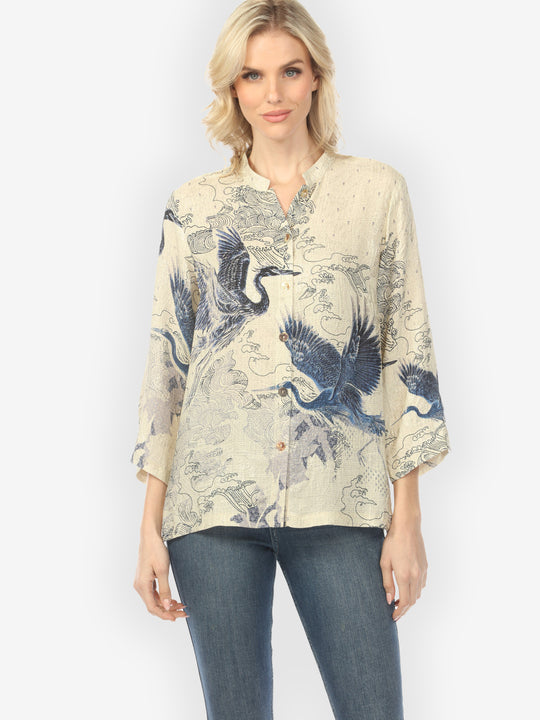 Galaxy Crane Cream Silk Blouse